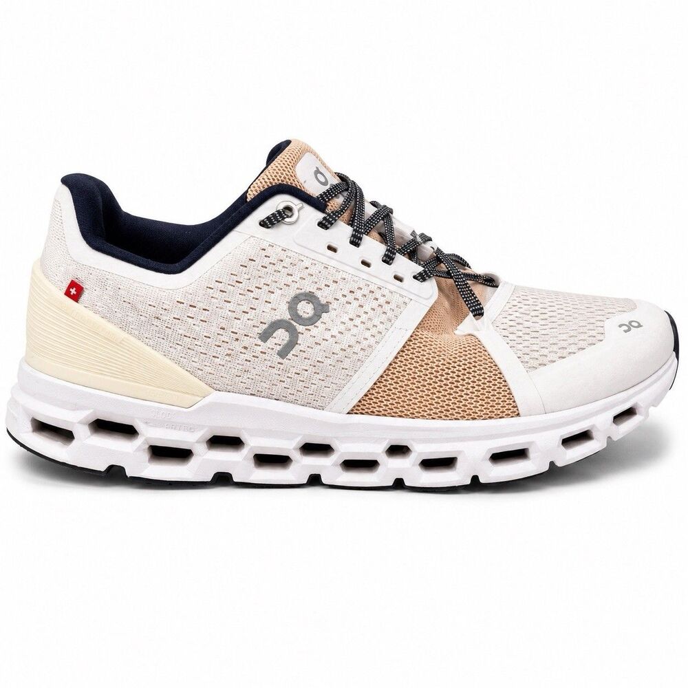 On Running Women's White Beige Navy Cloud Athletic Shoes